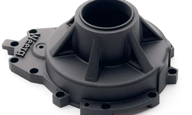 Componente nero con logo "Weerg", realizzato con stampante 3d nylon, presenta un foro centrale e rinforzi strutturali.