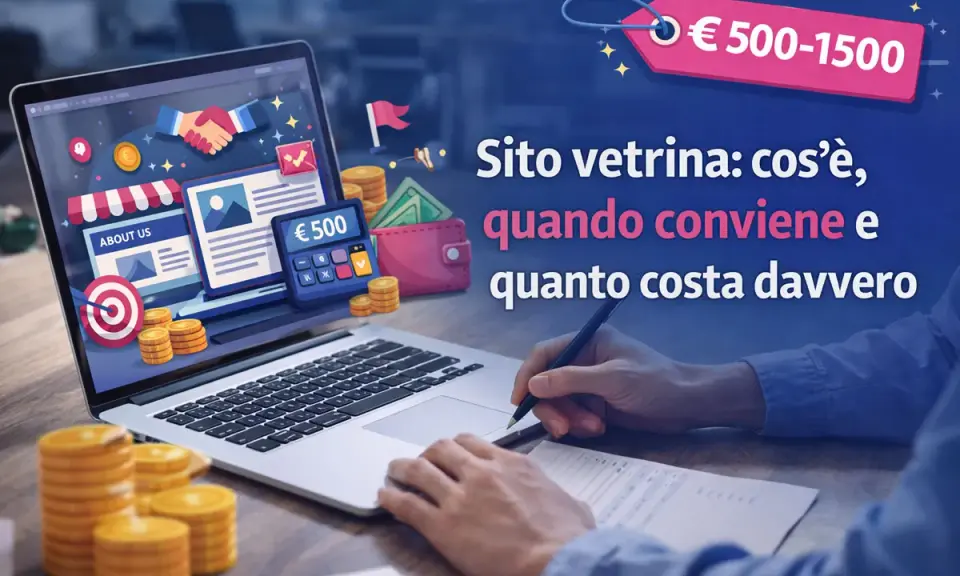 Un laptop mostra un sito vetrina con icone di affari e denaro. Il **significato** del costo di un sito vetrina, da 500 a 1500 euro, è spiegato.