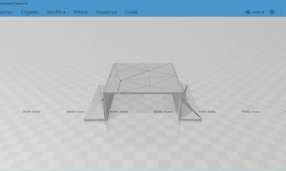 Un modello 3D di un supporto per ripiani, creato con un 3D builder. Le dimensioni sono indicate in millimetri.