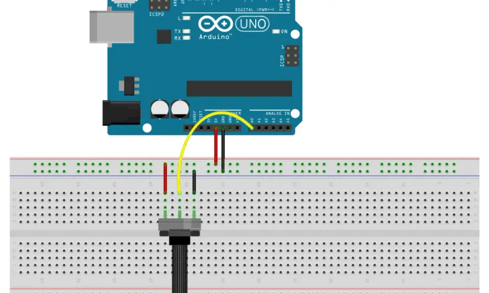 Arduino Uno collegato a un potenziometro su breadboard. Il potenziometro Arduino è pronto per essere letto.