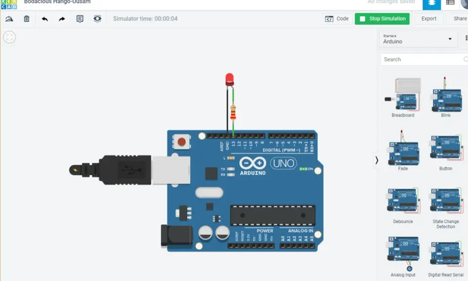 Un simulatore Arduino mostra una scheda UNO collegata via USB, con un LED e un resistore collegati.