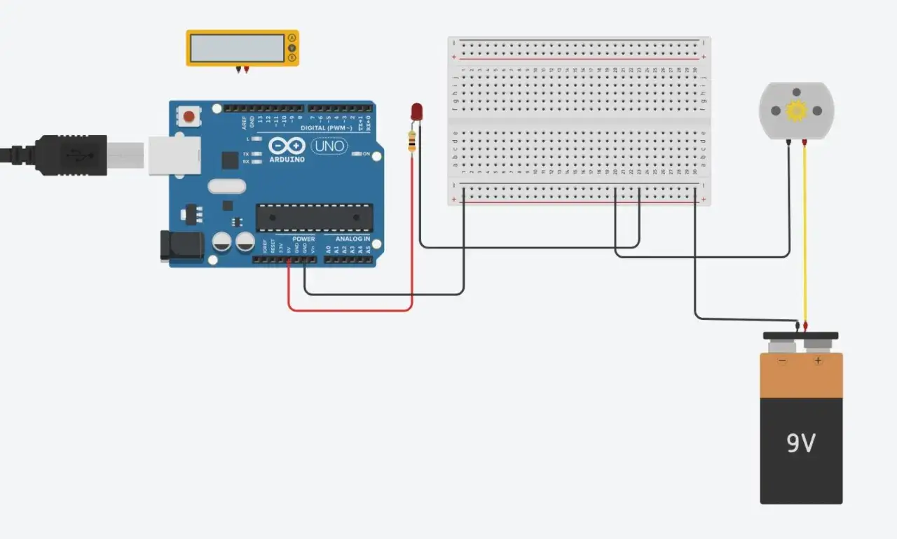 Schema di collegamento con Arduino Uno, breadboard, LED, motore e batteria 9V. Un progetto base per imparare l'elettronica.