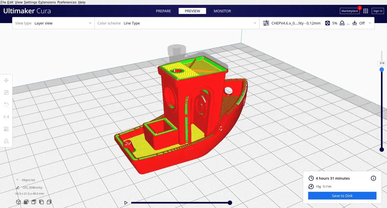 Modello 3D di una barca (Benchy) preparato per la stampa 3D con Anycubic slicer, con indicazione del tempo di stampa e del materiale.