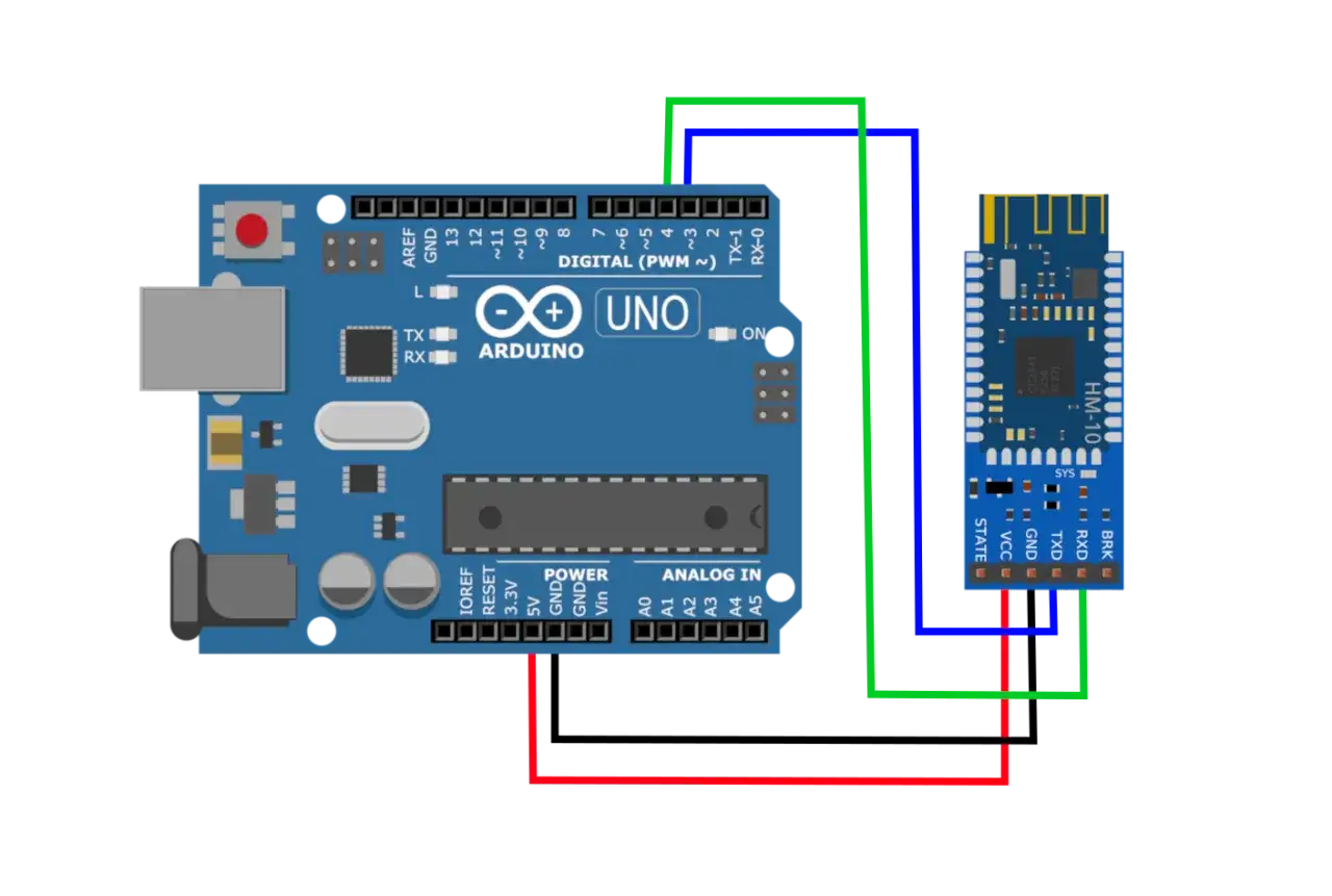 Schema di collegamento tra Arduino Uno e modulo HM-10 per comunicazione arduino bluetooth.