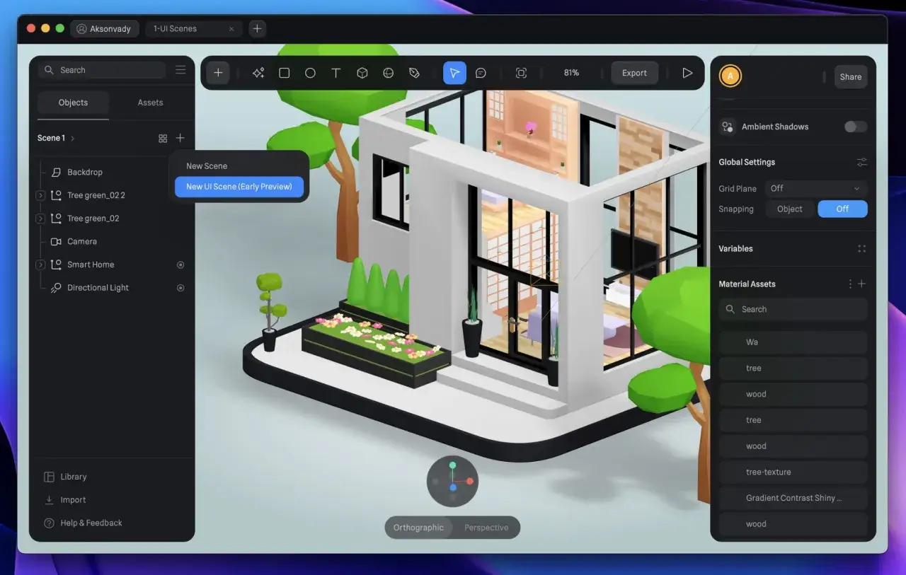 Interfaccia di programmi 3d gratis per creare scene con oggetti, materiali e luci.