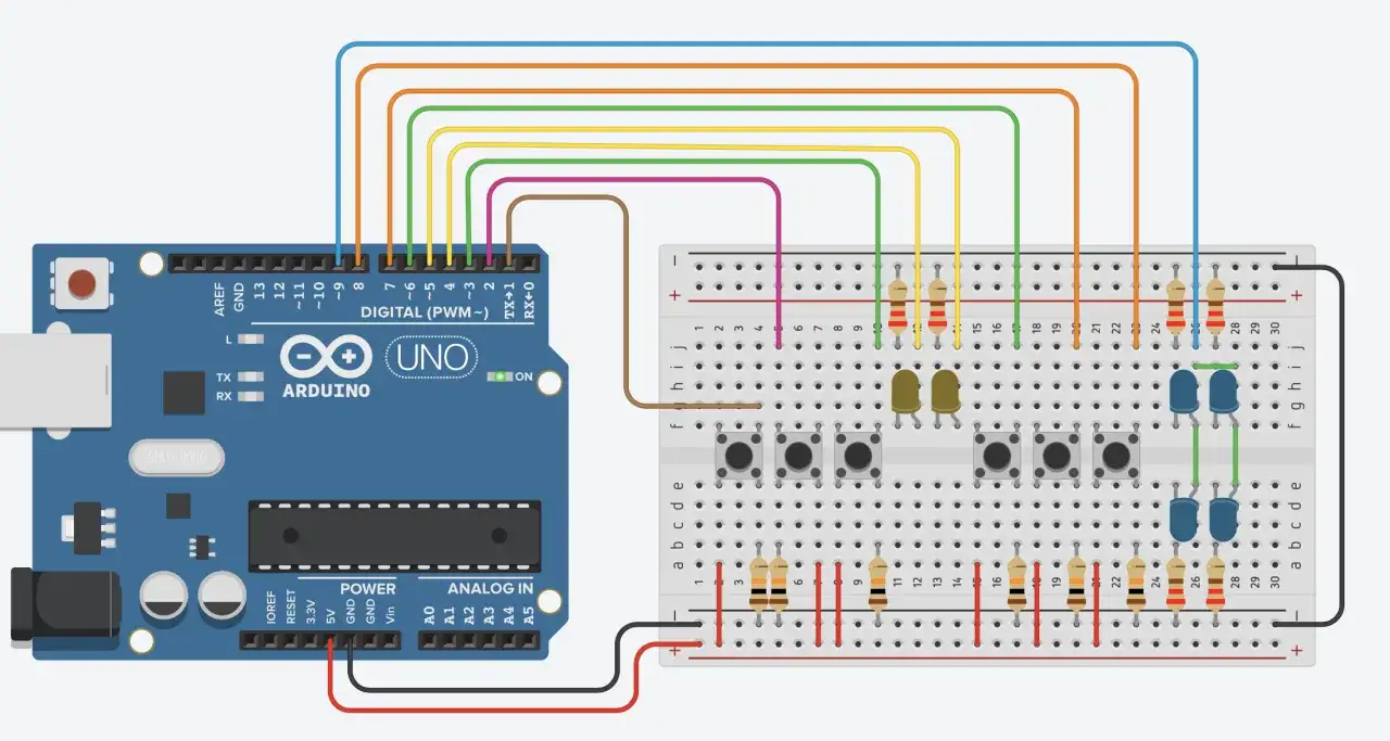 Schema di collegamento Arduino con breadboard cos'&egrave;: componenti elettronici connessi tramite fili colorati su una basetta sperimentale.