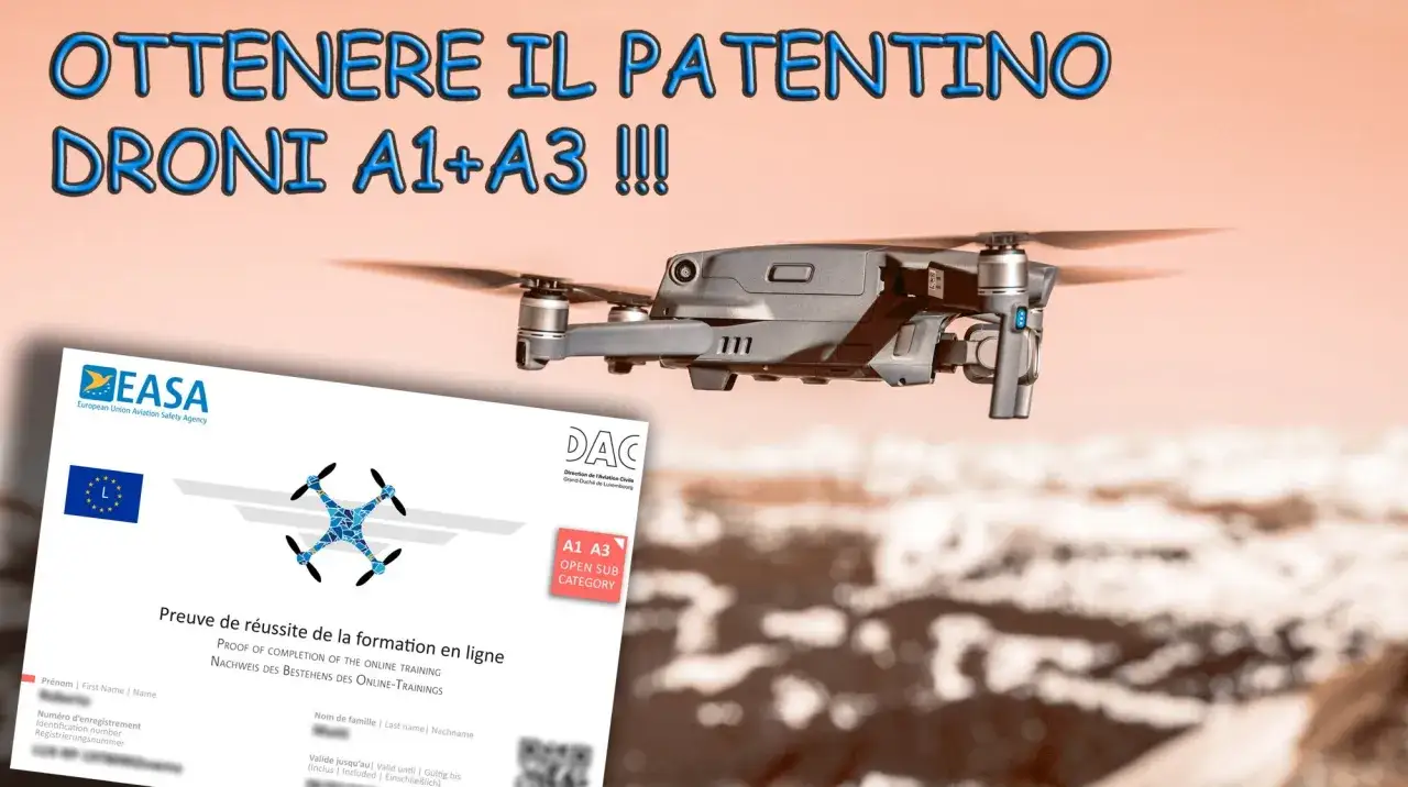 Certificato di completamento formazione online droni A1+A3, con logo EASA e DAC Lussemburgo. Ottenere il patentino drone Lussemburgo è ora più facile!