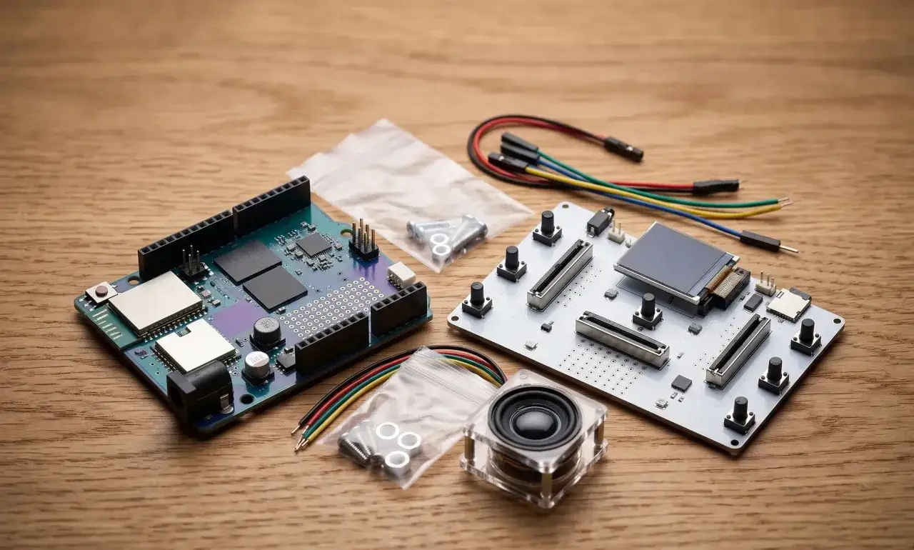 Componenti per progetti con Arduino: schede, cavi, speaker e viti su un tavolo di legno.