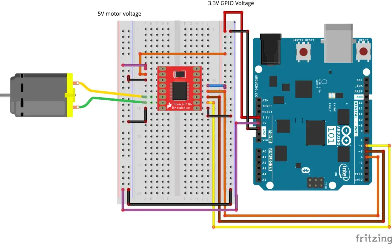 Collegamento di un motorino DC a un Arduino 101 tramite un driver TB6612FNG su breadboard.
