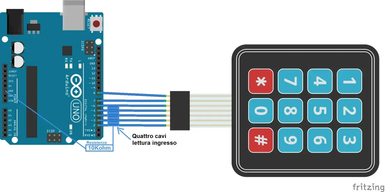 Collegamento di un keypad Arduino a un Arduino Uno con cavi e resistenza.