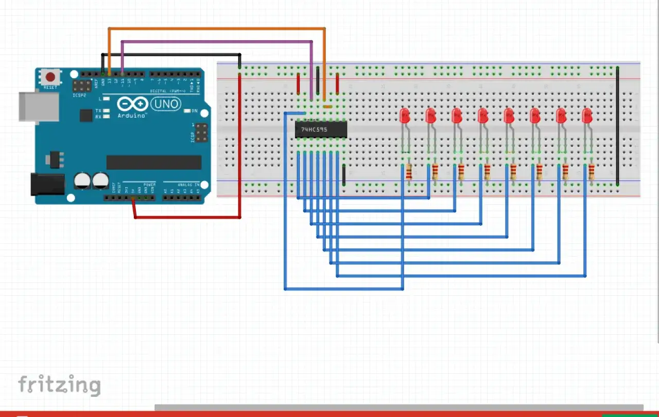Schema Fritzing con Arduino UNO, breadboard, chip 74HC595 e 8 LED rossi collegati tramite resistori.