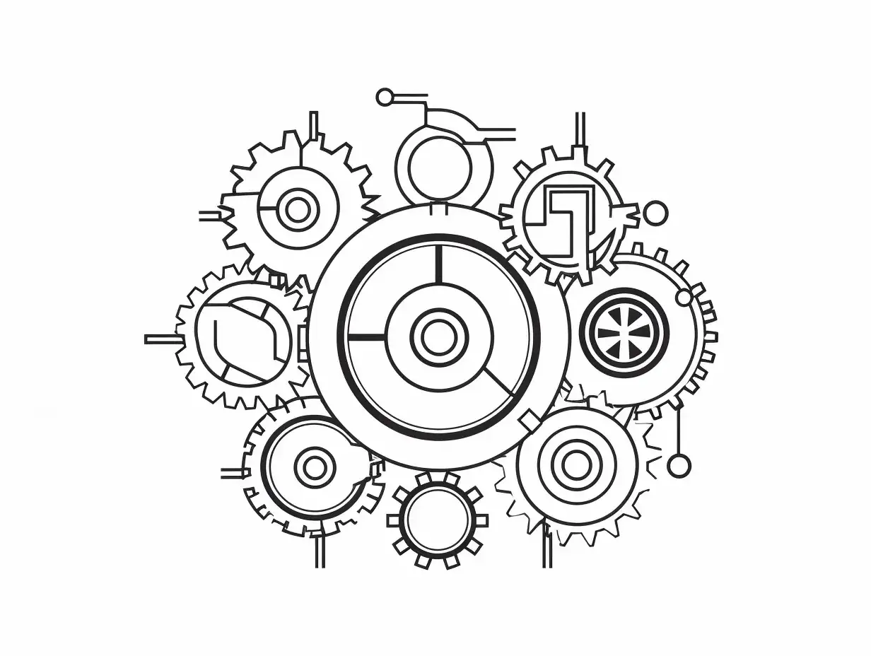 Disegni ingranaggi da stampare, un intricato meccanismo stilizzato in bianco e nero, perfetto per progetti creativi.