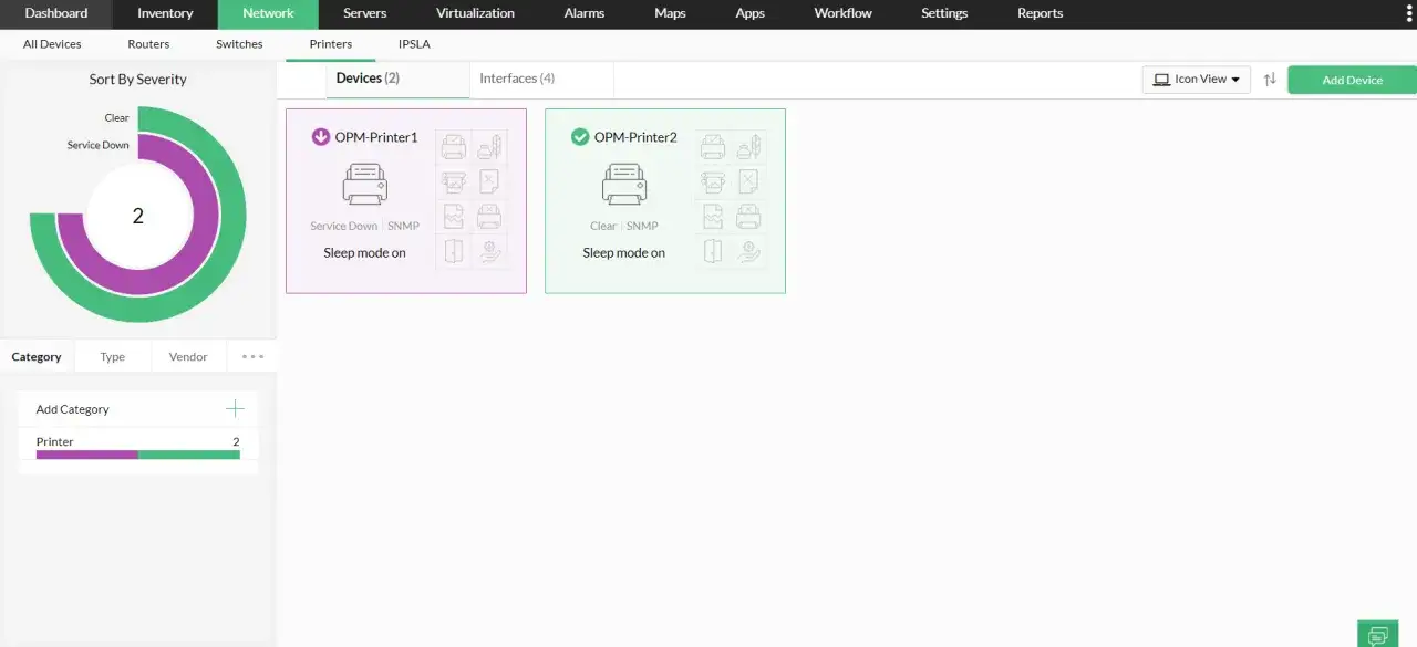 Interfaccia di un software gestione stampa free: due stampanti monitorate, una 