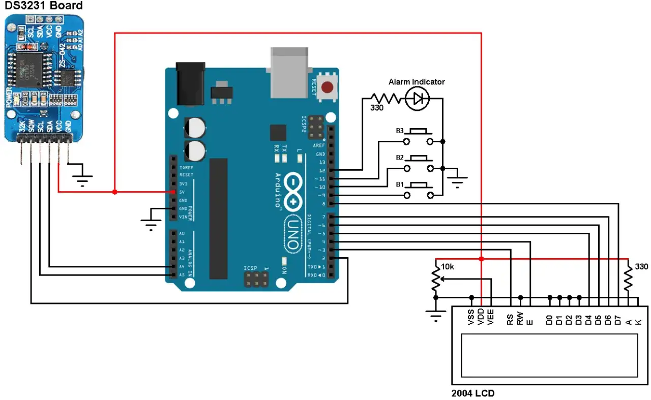 Schema di un arduino clock con modulo DS3231, pulsanti e display LCD 2004.