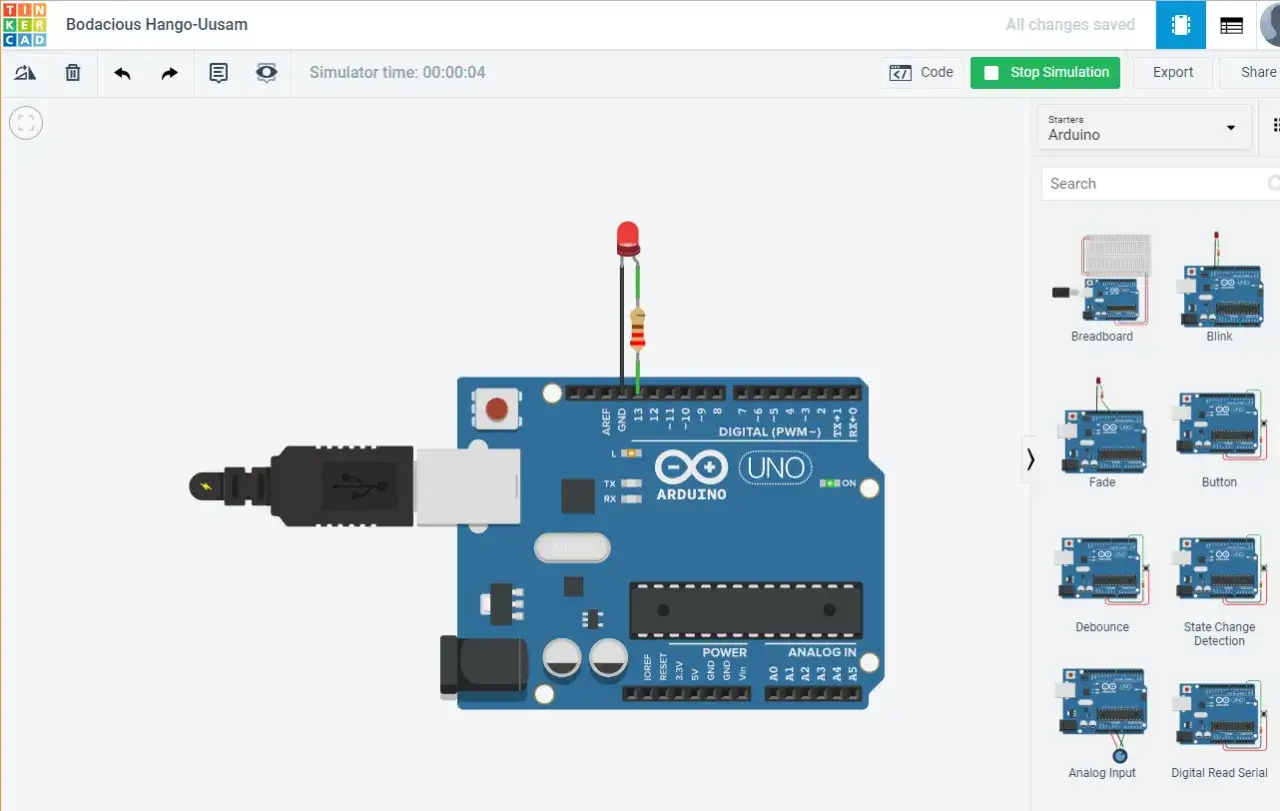 Un simulatore Arduino mostra una scheda UNO collegata via USB, con un LED e un resistore collegati.
