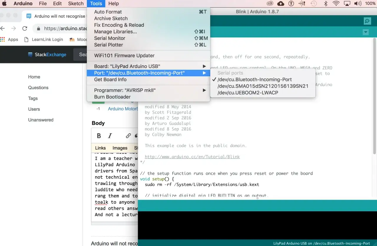 Menu Strumenti Arduino su Mac, selezione porta seriale 