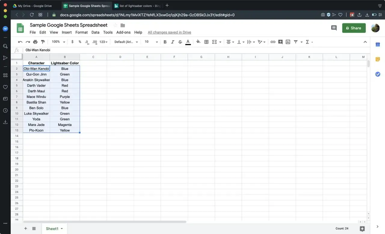 Foglio di calcolo Google con elenco personaggi Star Wars e colori spade laser. Ottimo per chi cerca excel gratis per organizzare dati.
