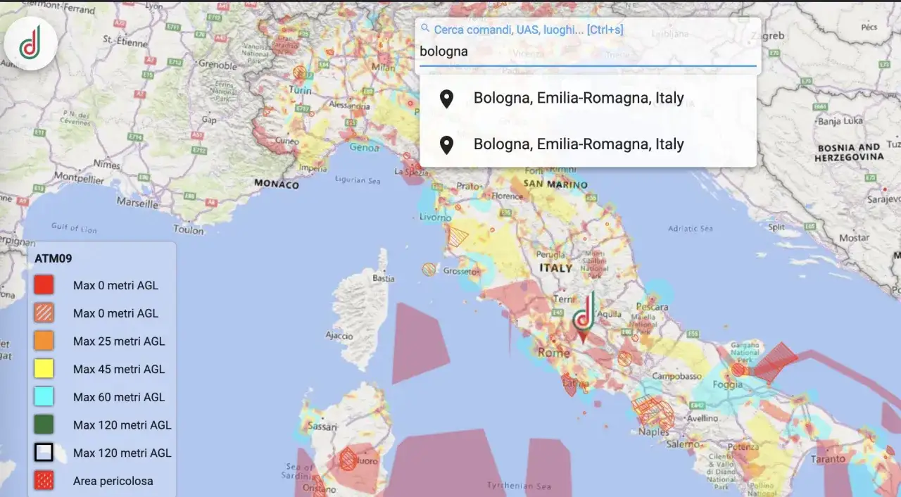 Mappa con aree di volo per drone in Croazia e Italia, con indicazioni di altitudine massima e zone pericolose.