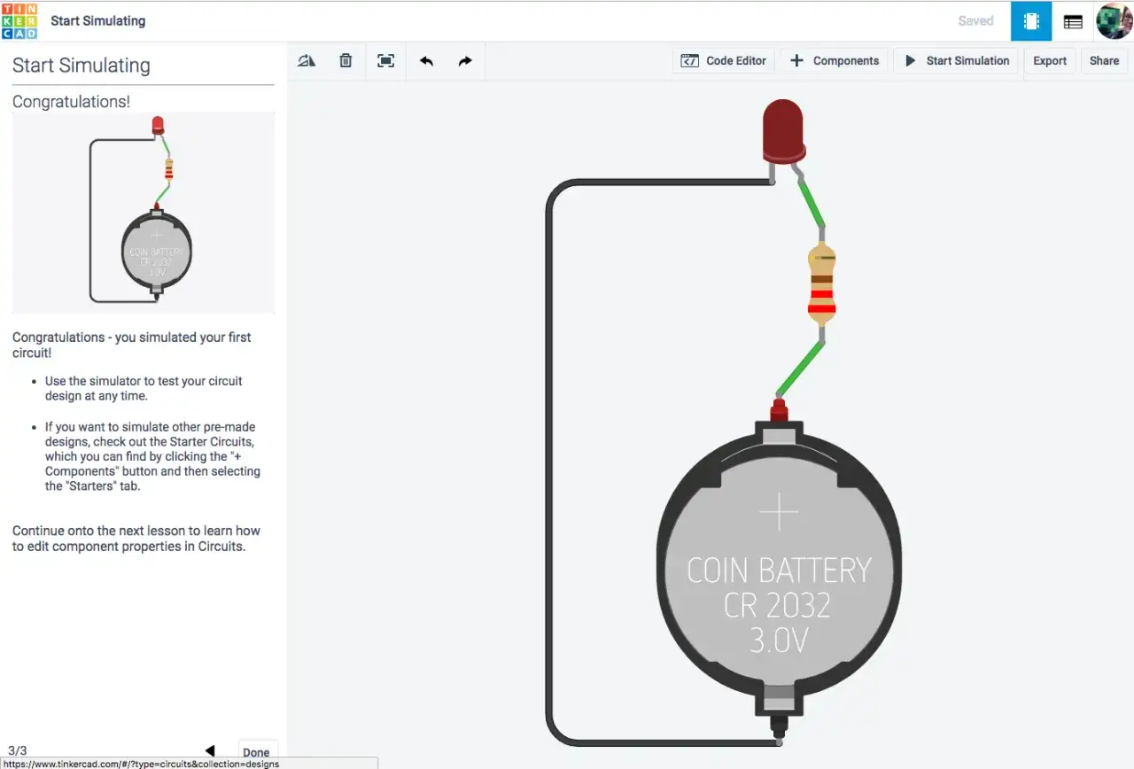 Simulazione di un circuito con LED, resistore e batteria su Autodesk Circuits.