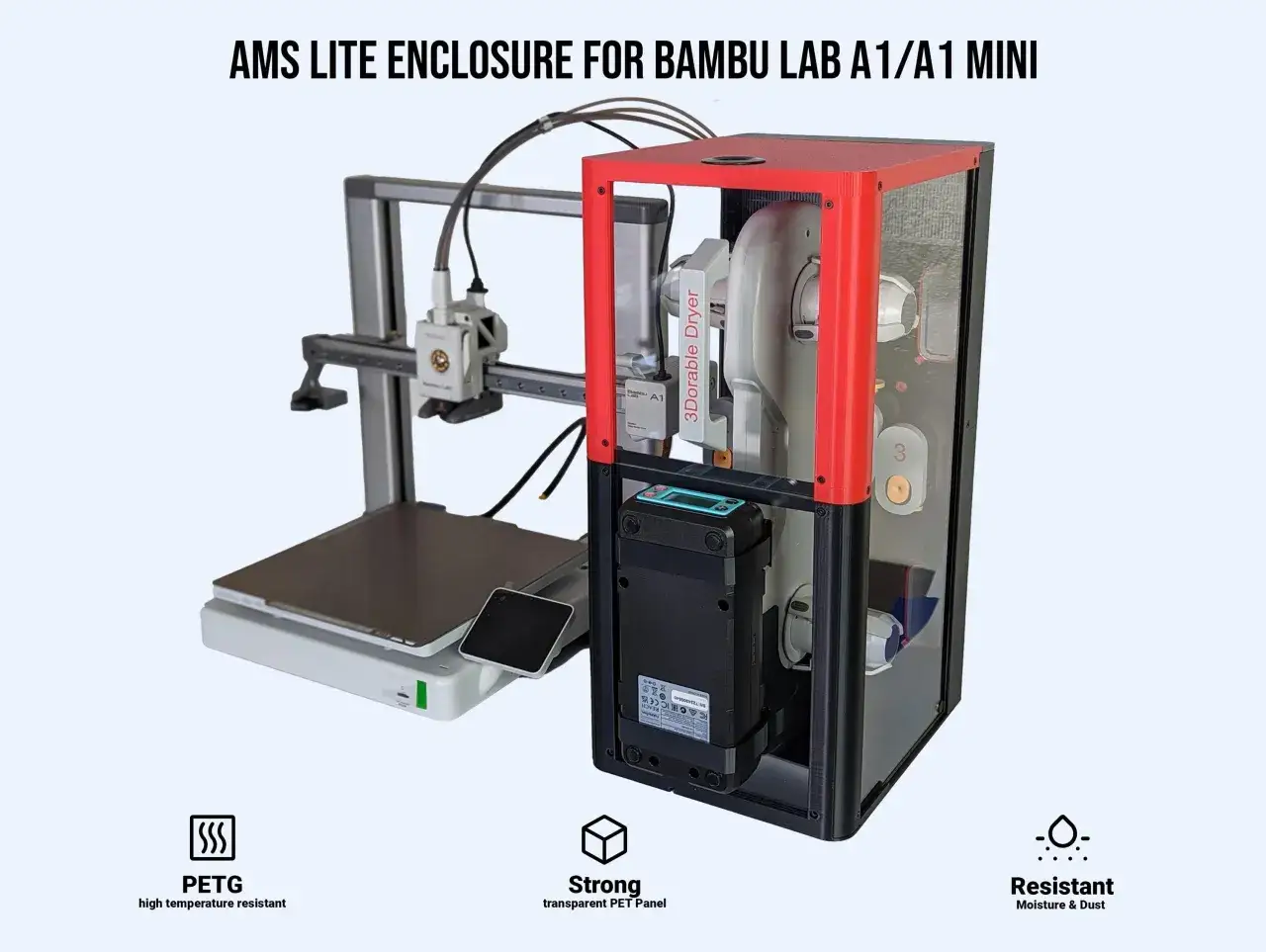 AMS Lite per Bambu Lab A1/A1 Mini: un'elegante soluzione in PETG resistente al calore e all'umidit&agrave;, con pannelli trasparenti per proteggere dalla polvere.