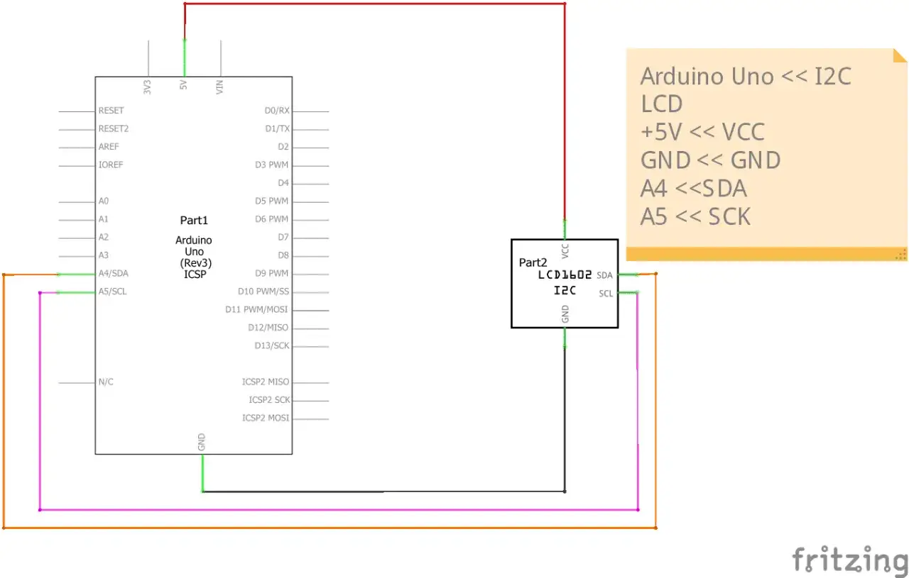 Schema di collegamento Arduino Uno con LCD 1602 tramite interfaccia i2c. Pin A4 (SDA) e A5 (SCL) collegati.