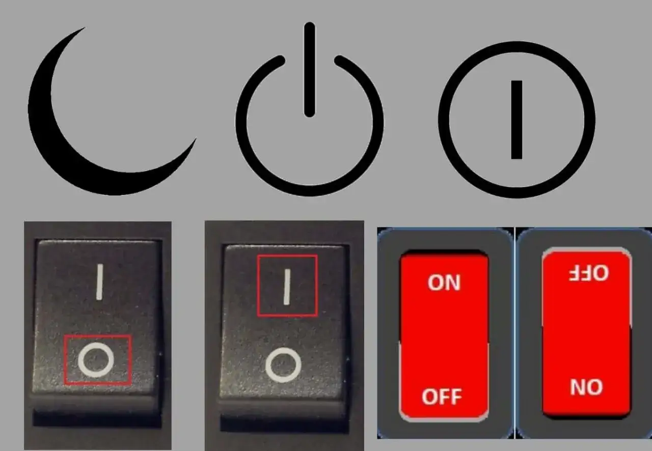 Simboli di interruttori: cerchio o linea per acceso/spento. Pulsanti rossi con ON/OFF e NO.