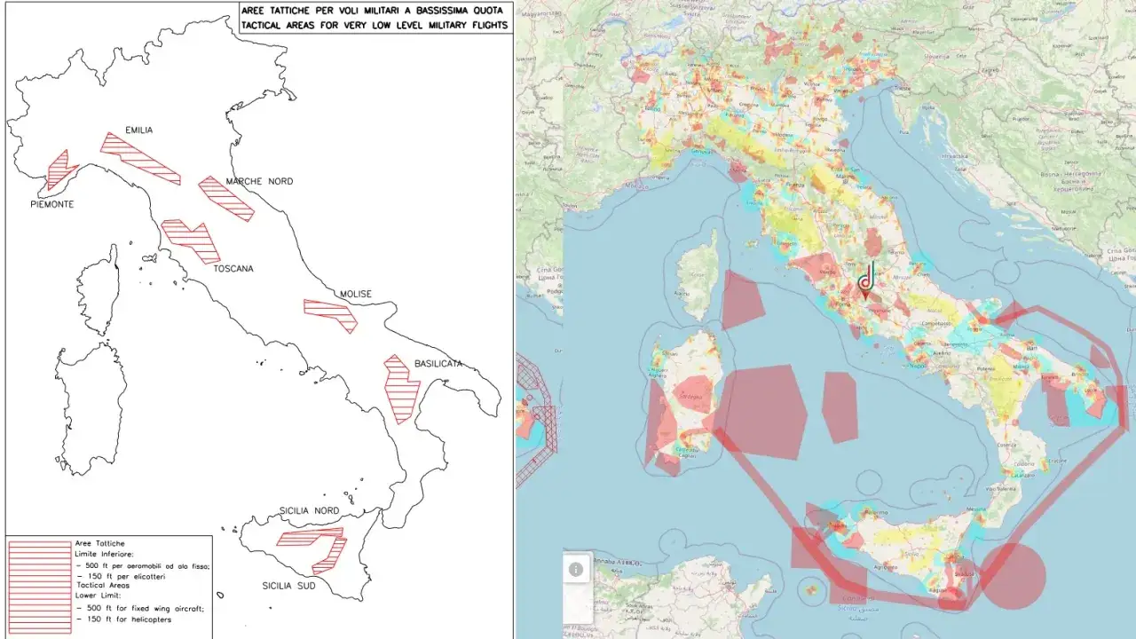 Mappe aree tattiche militari per voli a bassa quota. La licenza droni richiede attenzione a queste zone.