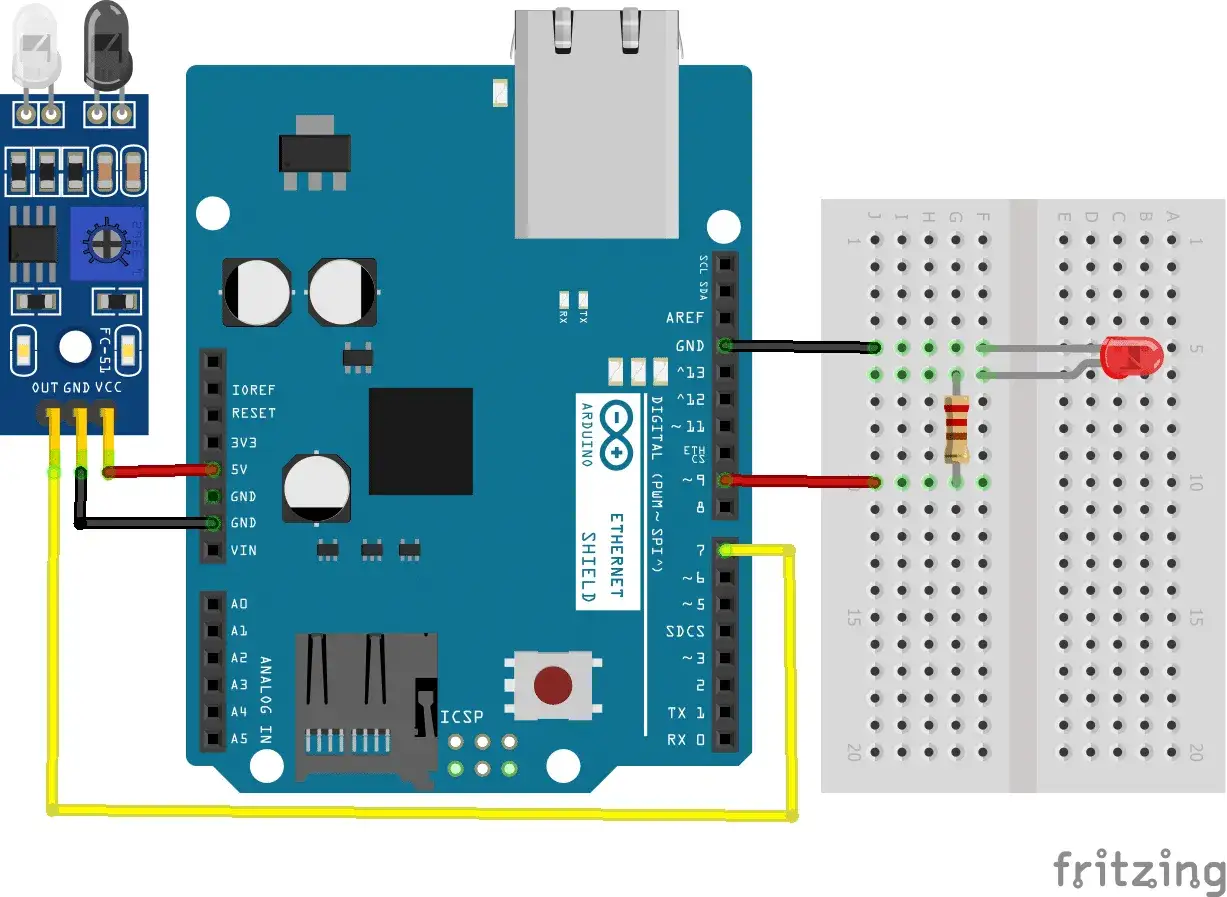 Schema di collegamento di un sensore IR con Arduino. Il sensore FC-51 è collegato all'Arduino per rilevare oggetti.