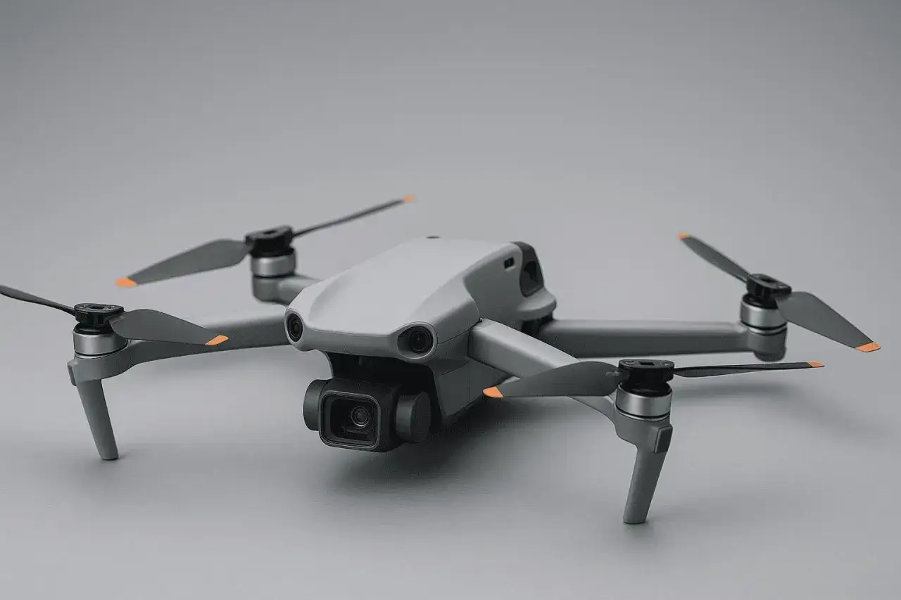 Un drone grigio, modello c0, c1, c2, c3, c4, con quattro eliche e una telecamera frontale, su sfondo neutro.