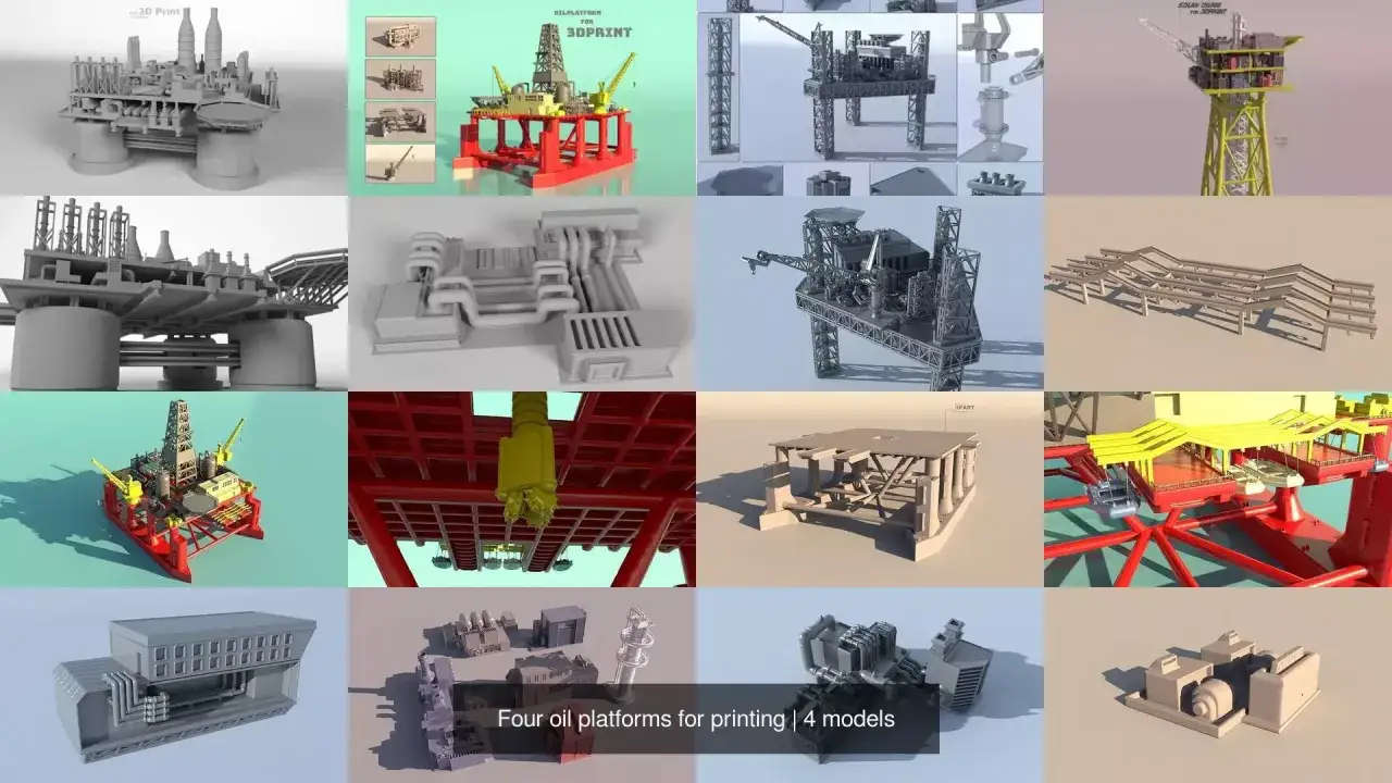 Modelli 3D di piattaforme petrolifere, perfetti per il tuo sito 3d. Diverse viste e dettagli di strutture industriali.