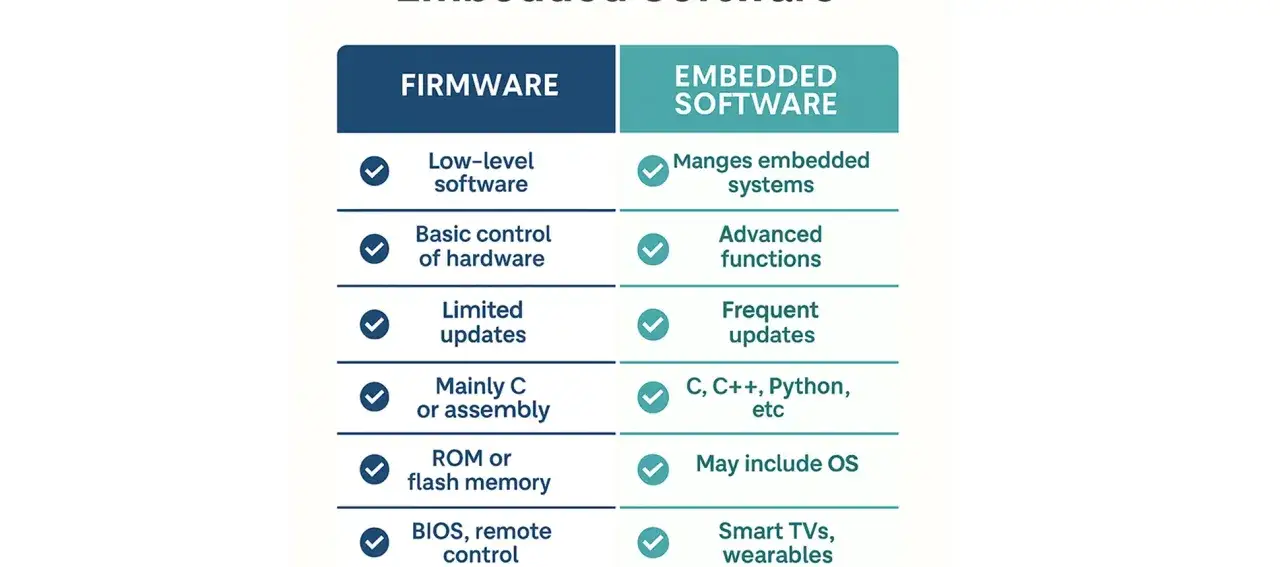 Confronto tra firmware e software: il firmware &egrave; low-level, controlla l'hardware con aggiornamenti limitati; il software embedded gestisce sistemi, ha funzioni avanzate e aggiornamenti frequenti.