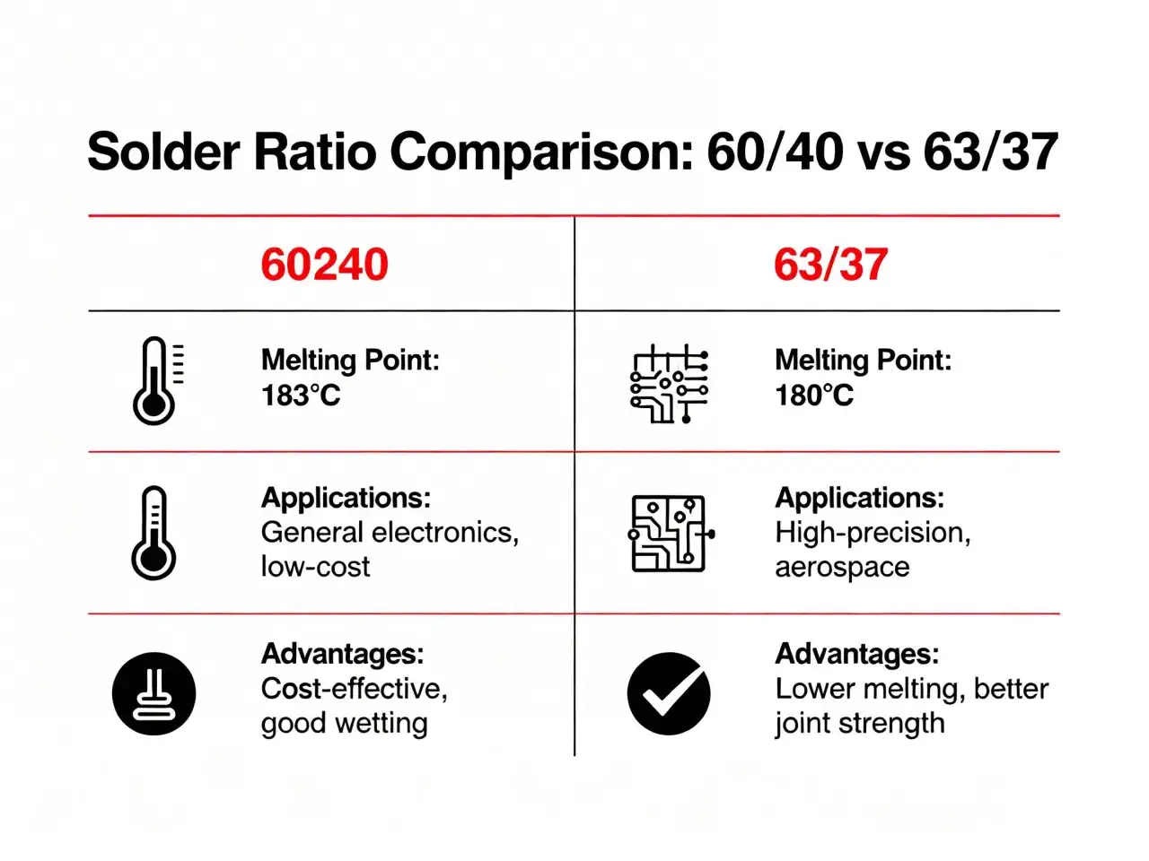 Confronto stagno 60/40 e 63/37: la temperatura fusione stagno per elettronica varia da 183°C a 180°C.