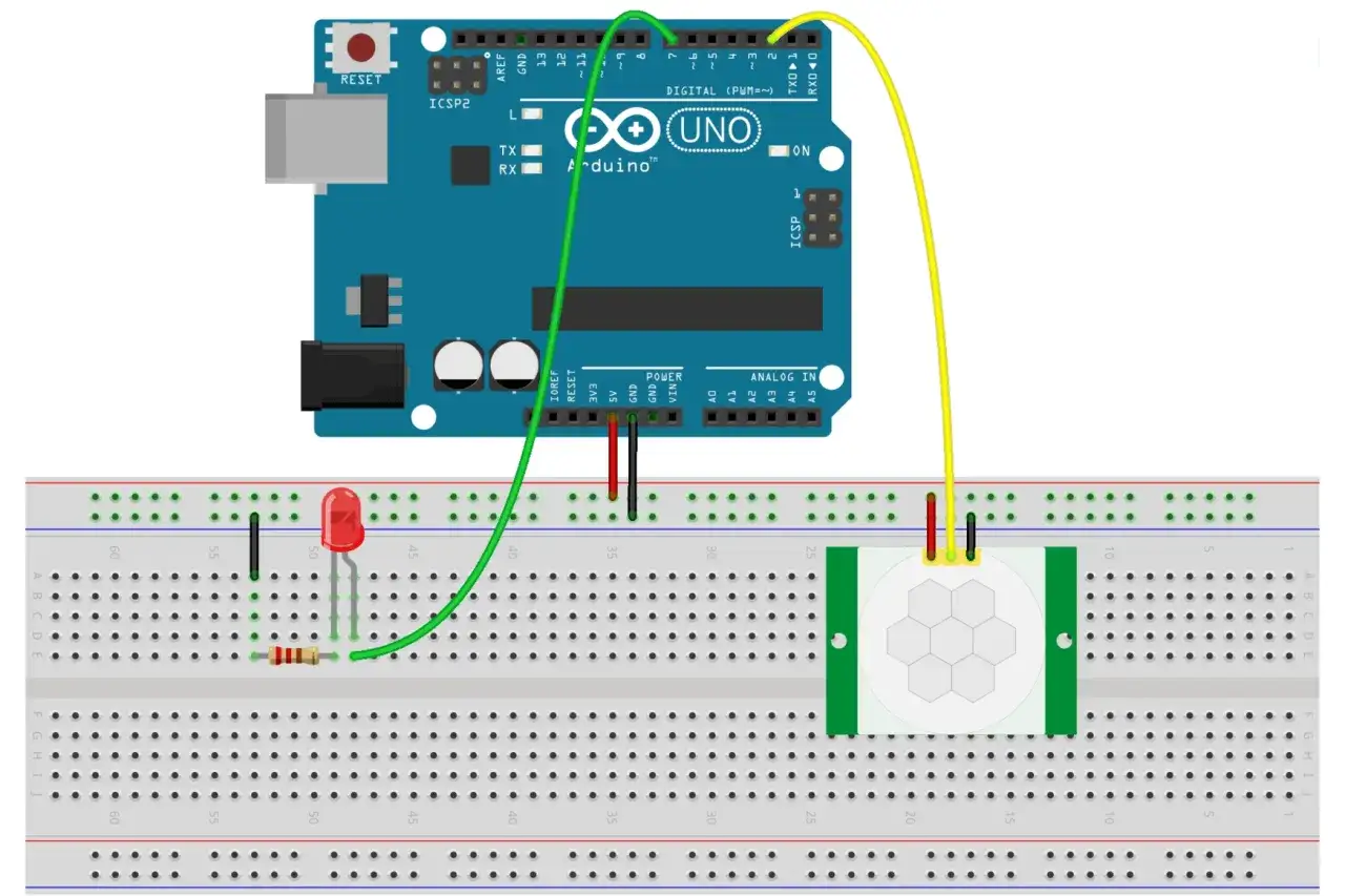 Arduino cos'è: un microcontrollore collegato a un sensore di movimento e un LED su una breadboard, per creare progetti interattivi.