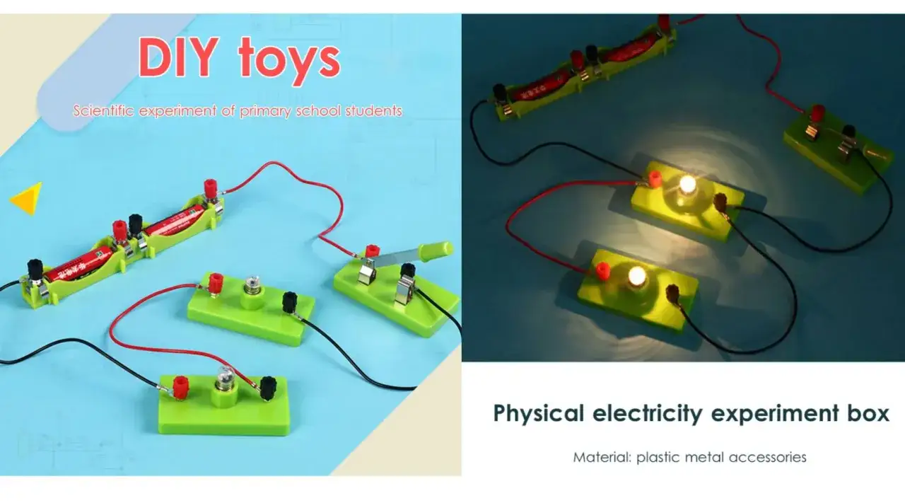 Kit per esperimenti di elettricit&agrave; per scuola media, con lampadine accese e componenti per circuiti fai-da-te.