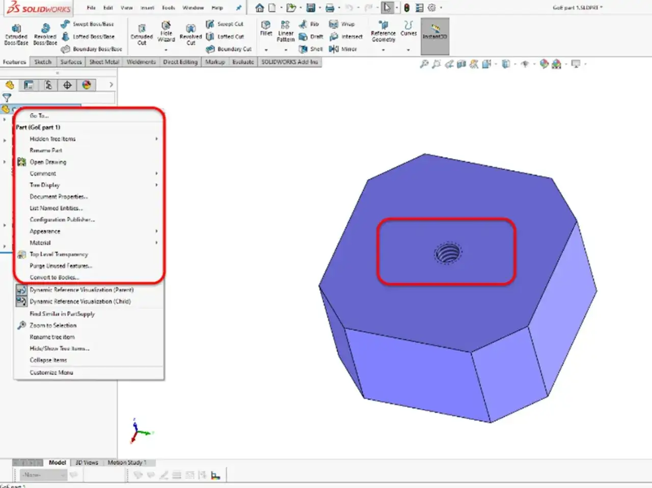 Modello 3D di un pezzo con filettature SolidWorks. Il menu a comparsa mostra opzioni per la gestione del modello.