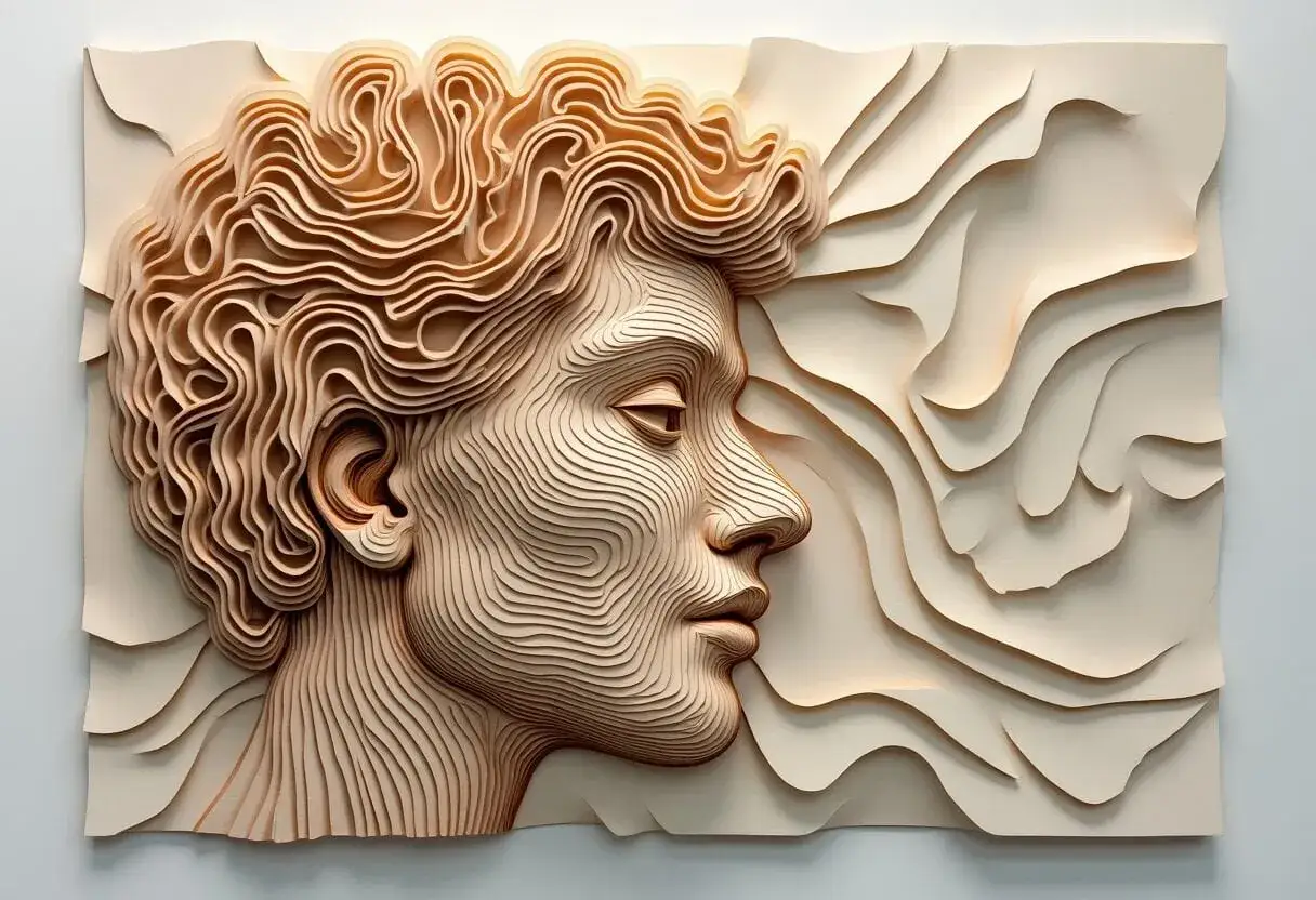 Ritratti stratificati, un'opera d'arte che mostra un volto in profilo, con capelli ricci e onde sullo sfondo, un esempio di progetti laser.