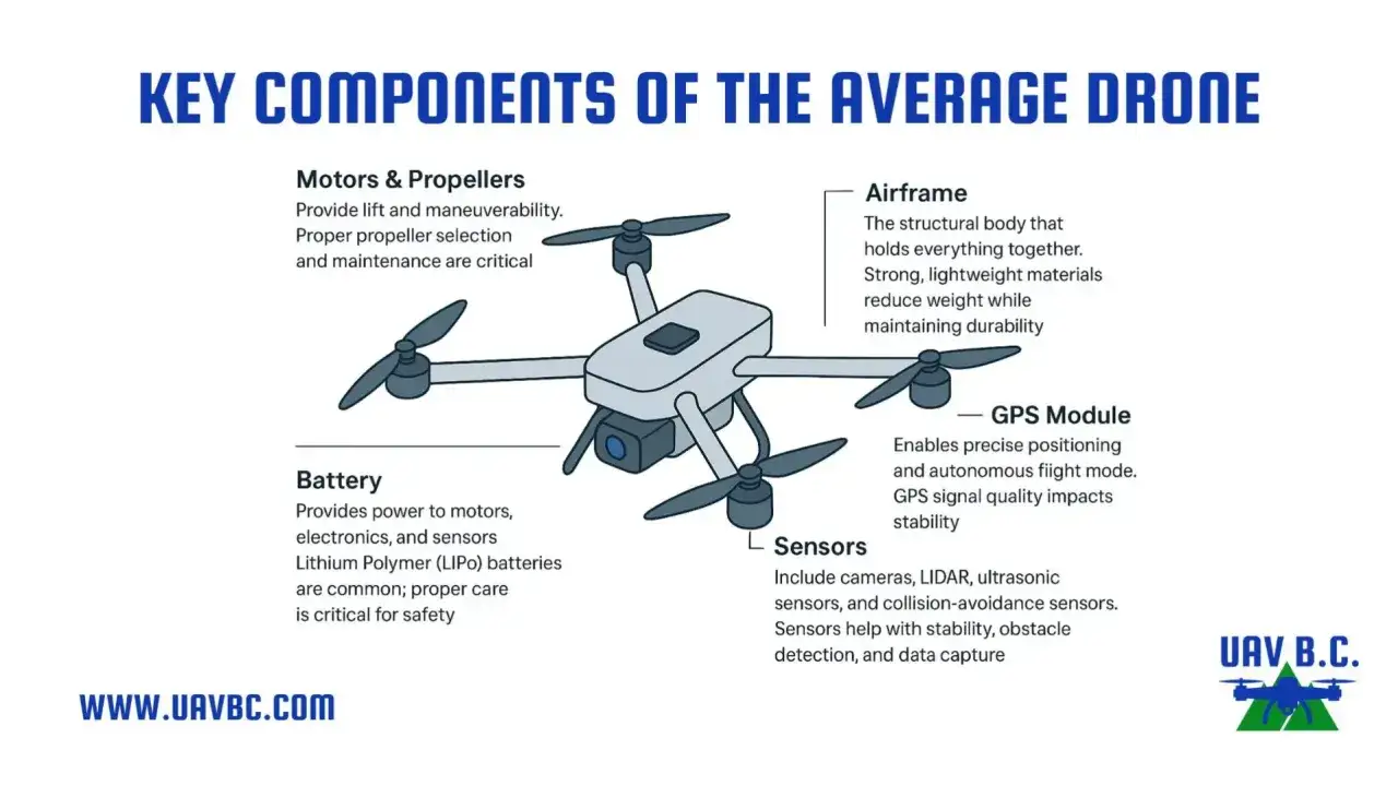 Diagramma che illustra cos'&egrave; un drone e i suoi componenti chiave: airframe, motori, batteria, sensori e modulo GPS.