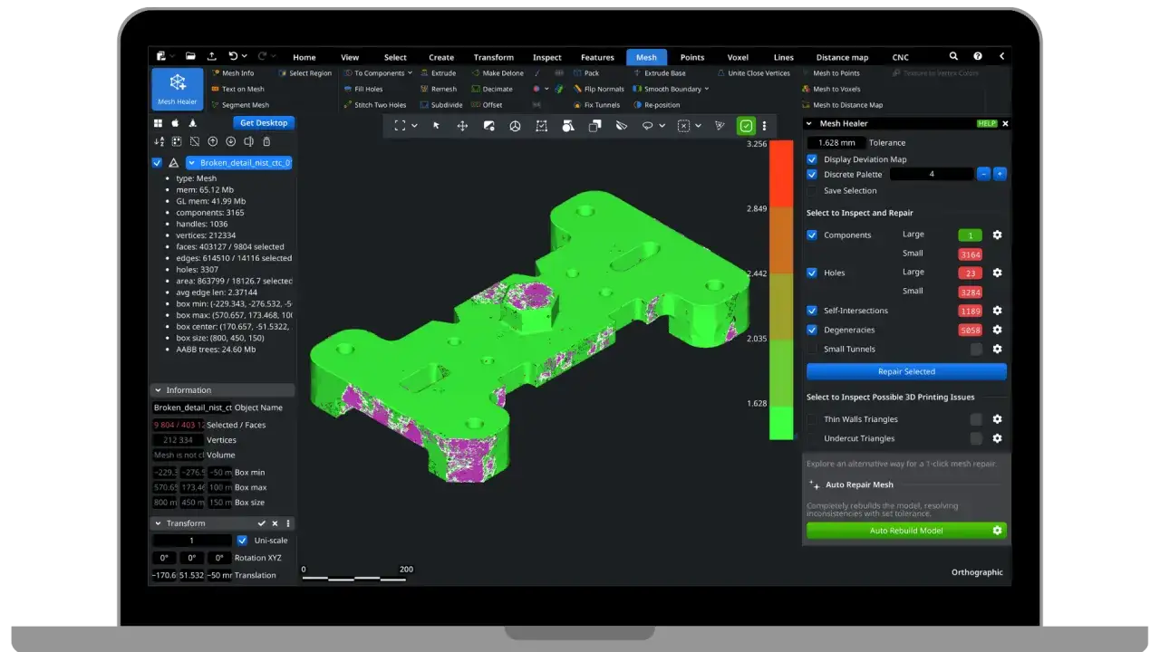 Software per la riparazione di mesh 3D: cos'è? Visualizza un modello 3D verde con aree viola e bianche, indicando difetti da correggere.