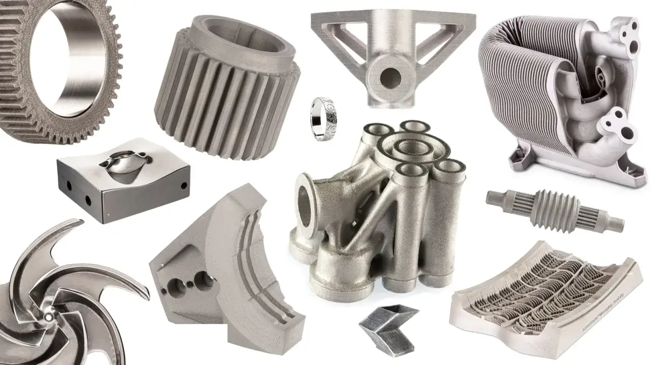 Variet&agrave; di componenti metallici complessi, realizzati con stampa 3D acciaio, tra cui ingranaggi, un turbina, un anello e strutture aerodinamiche.