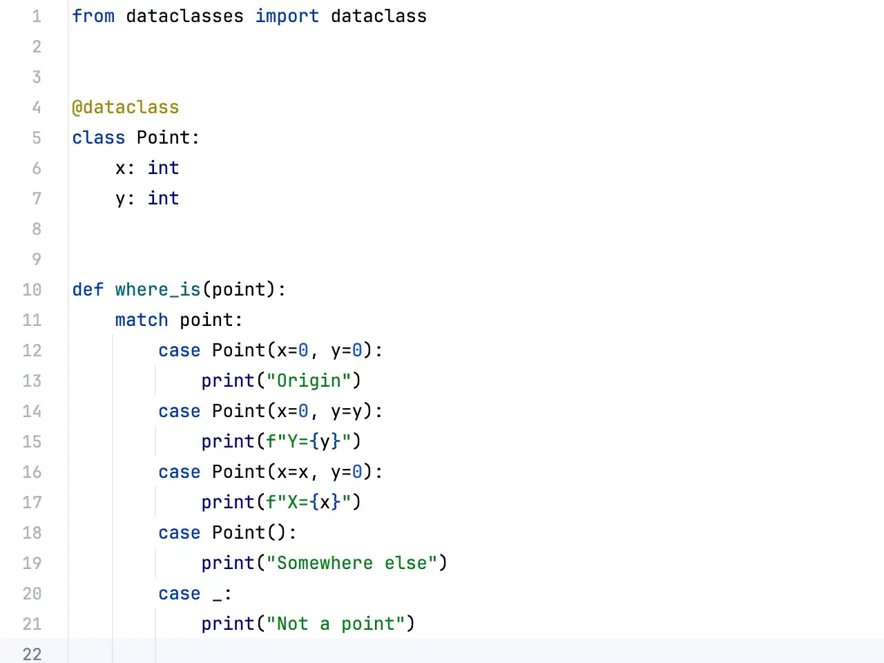 Codice Python che usa dataclass e match-case per analizzare la posizione di un punto.