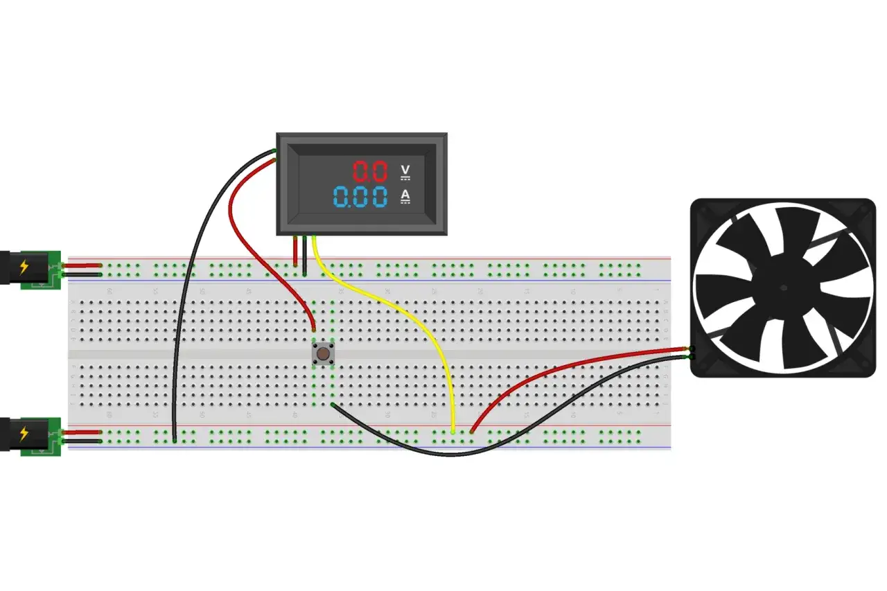 Schema collegamento voltmetro amperometro per ventola. Due alimentatori collegati a breadboard, con pulsante, voltmetro/amperometro e ventola.