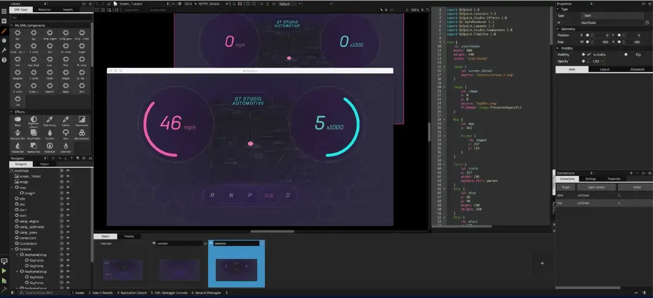 Interfaccia utente per un cruscotto digitale, con tachimetro e contagiri. Codice QML per la programmazione front end.