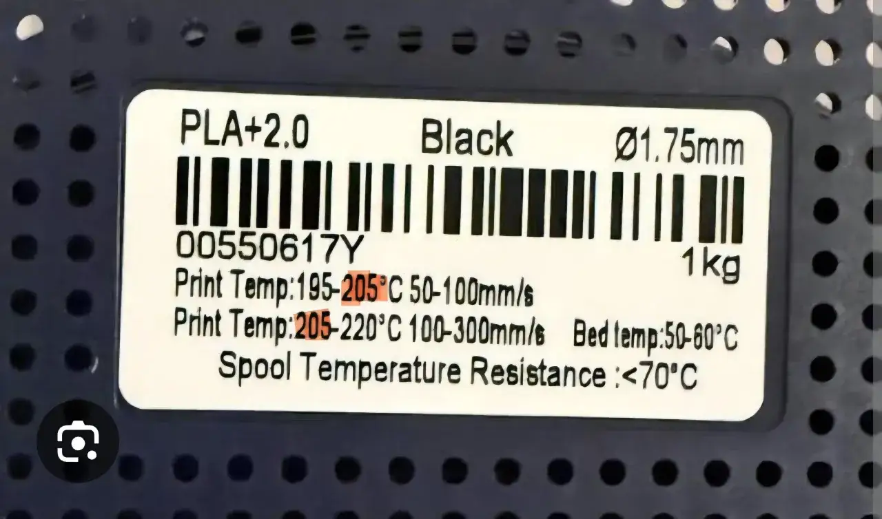 Etichetta filamento Sunlu PLA+ con impostazioni di stampa: 195-205°C, letto 50-60°C.