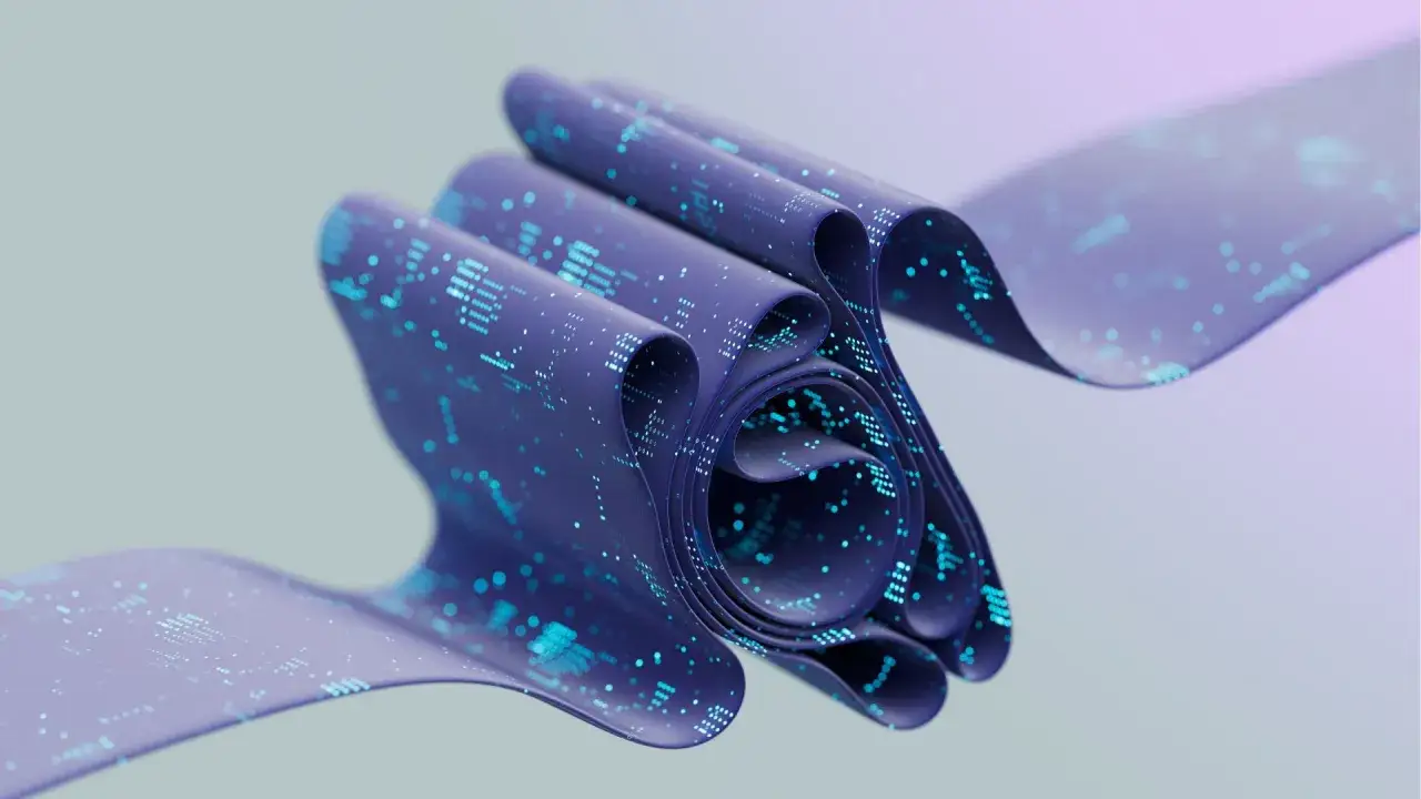 Nastro viola con pattern digitali luminosi, ricorda la flessibilità di una stampante 4d.