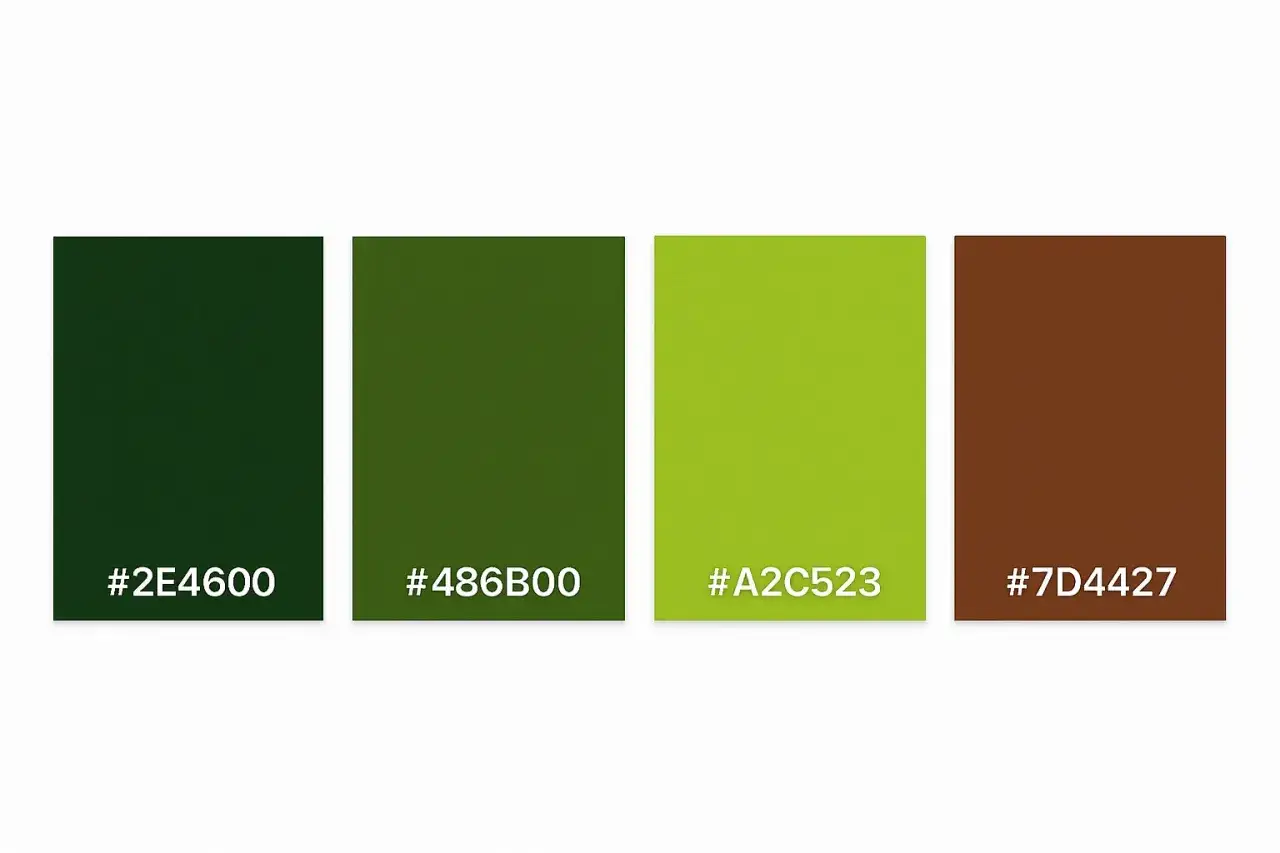Palette di colori: verde scuro, verde oliva, verde lime brillante e marrone. Codici RGB: #2E4600, #486B00, #A2C523, #7D4427.