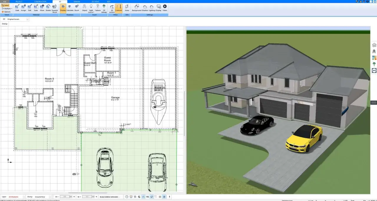 Software progettazione 3D gratis: visualizza un progetto di casa in pianta e modello 3D, con auto parcheggiate.