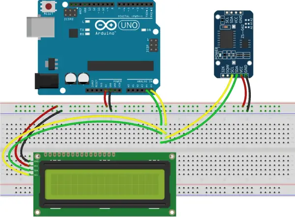 Schema di un **arduino clock** con display LCD e modulo RTC collegati a una breadboard.