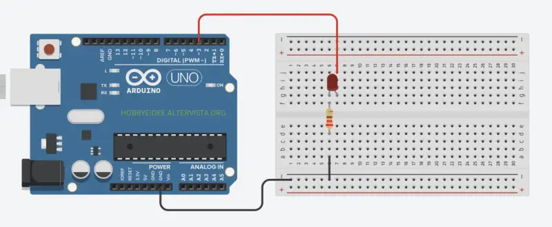 Schema di collegamento per lezioni Arduino: un LED e una resistenza collegati a un Arduino Uno tramite breadboard.
