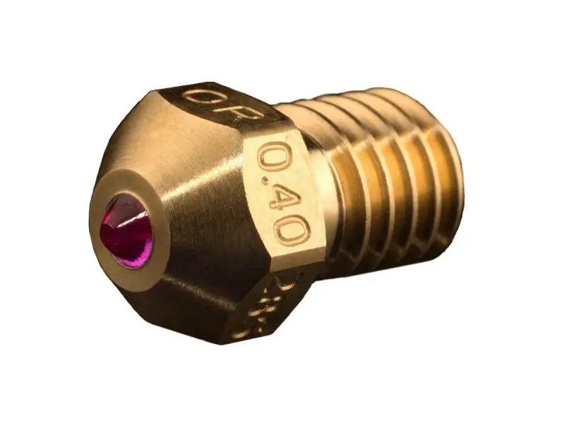 Ugello in ottone da 0.40 mm con inserto in rubino, pronto per stampare dettagli finissimi.