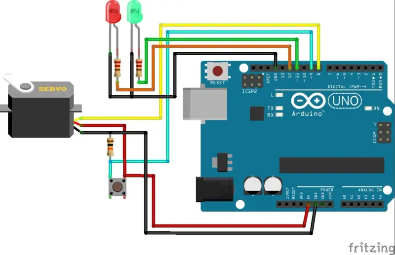 Schema di collegamento con servo, due LED, un pulsante e Arduino Uno. Il servo è collegato a un pin digitale.